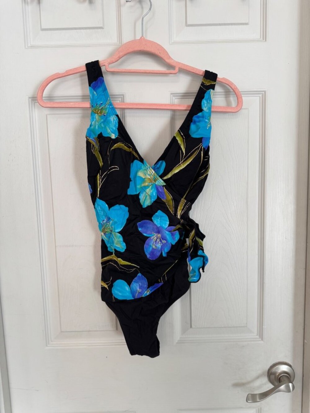 Vintage Great Lengths Swimsuit Black & Blue Floral One Piece 90s Slimming 10